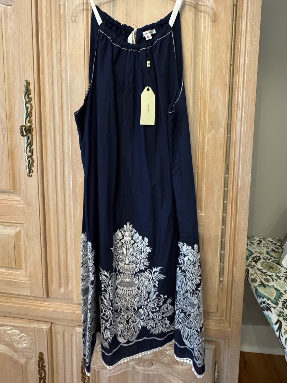 Sophie Max Navy Blue Halter Dress with White Embroidery